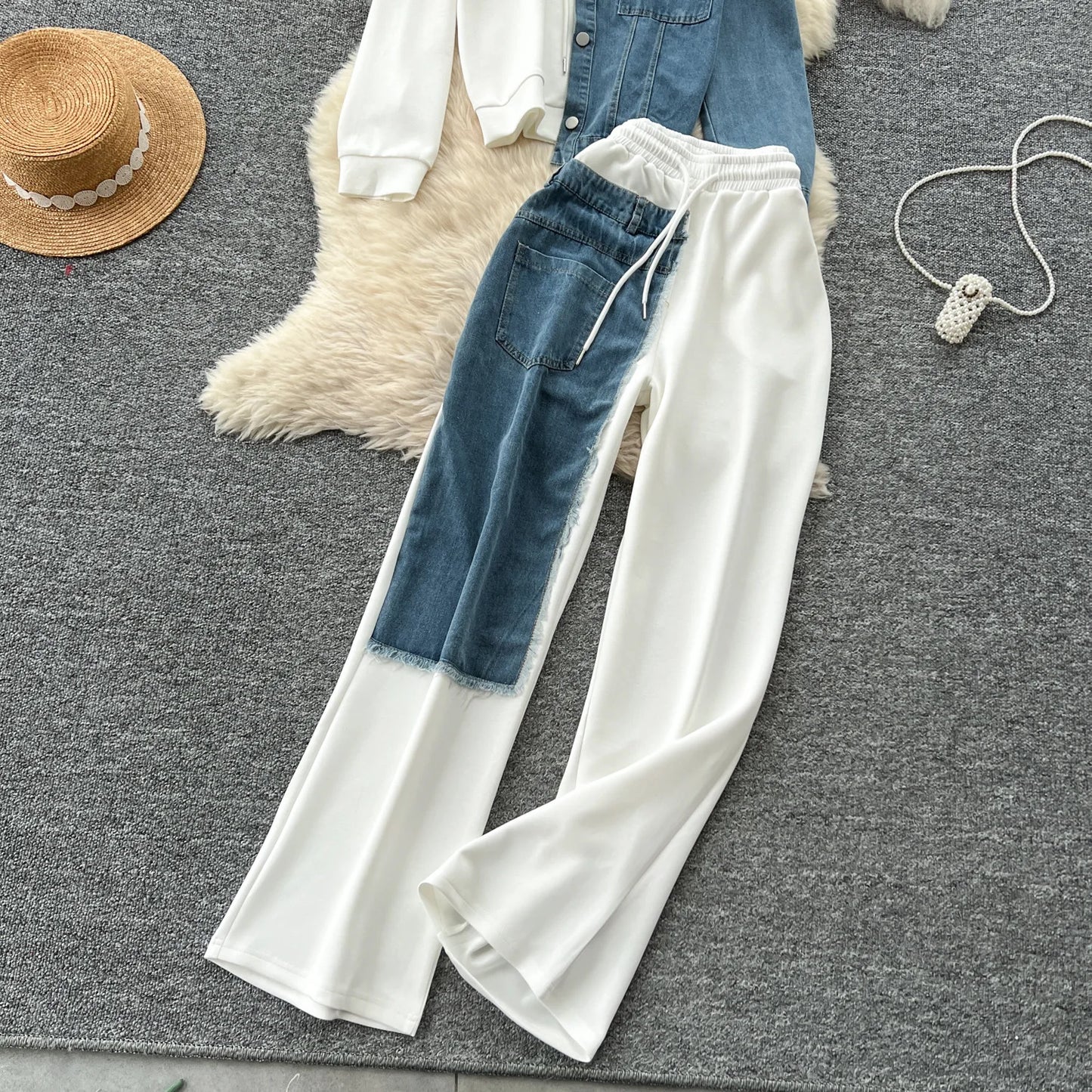 Pant Set Women Two Piece Sets Hooded Matching Sets Casual Loose Tops Wide Leg Long Pants Elastic Waist Lace Up Splice Denim 2025