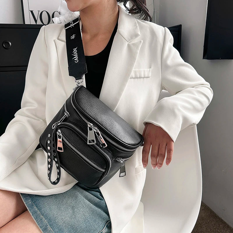 High Quality 100%Natural Cowskin Female Shoulder Crossbody Tote Genuine Leather Saddle Bags For Women Casual Wide Strap Handbags