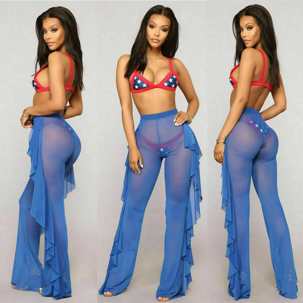 New Women Sexy Transparent Pants High Waist See Through Mesh Sheer Summer Beach Long Pants Bandage Solid Trousers 4 Colors S-XXL