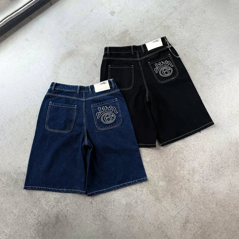 Y2K Fashion Retro Jeans High Quality White Embroidery Logo Casual Loose Denim Shorts Men Women Punk Rock High Waist Streetwear