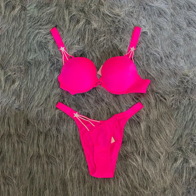 Sexy Bra Set Star Rhinestone Women Bralette Girls Underwear Brassiere Fashion Thong Gather Bras Lingerie Panties Sets