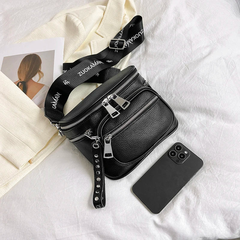 High Quality 100%Natural Cowskin Female Shoulder Crossbody Tote Genuine Leather Saddle Bags For Women Casual Wide Strap Handbags