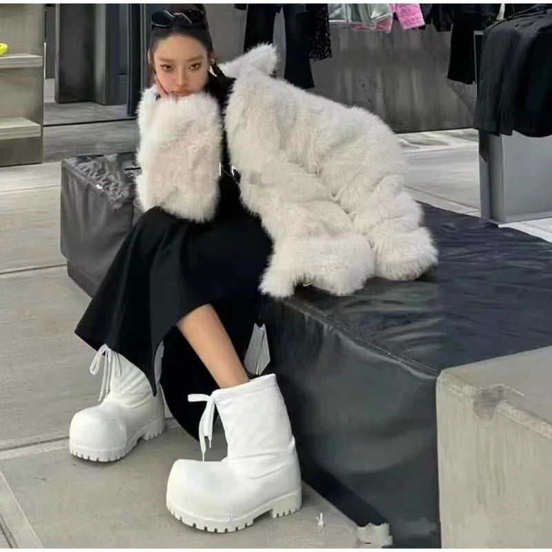 Unisex Big Head Botas Mujer Designer Drawstring Snow Boot Waterproof Anti-slip Warm Padded Thickened Platform Bottom Ankle Shoes