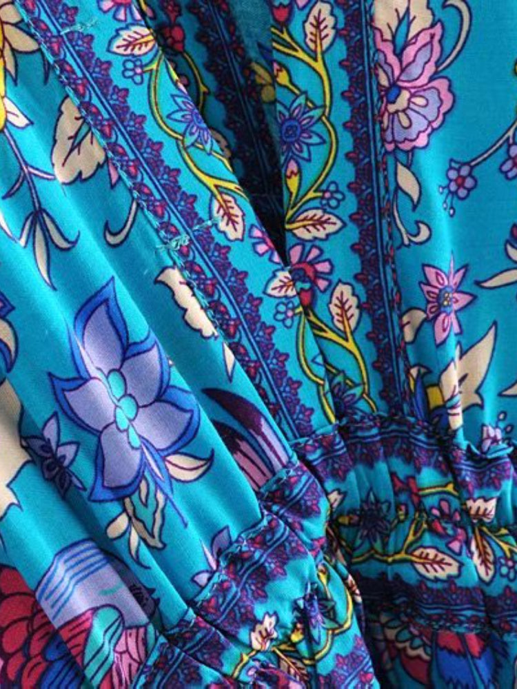 Robe Maxi Vintage Chic pour Femme, Imprimé Floral Paon, Manches Chauve-Souris, Bohème, Col en V, Pompon, Plage, Été
