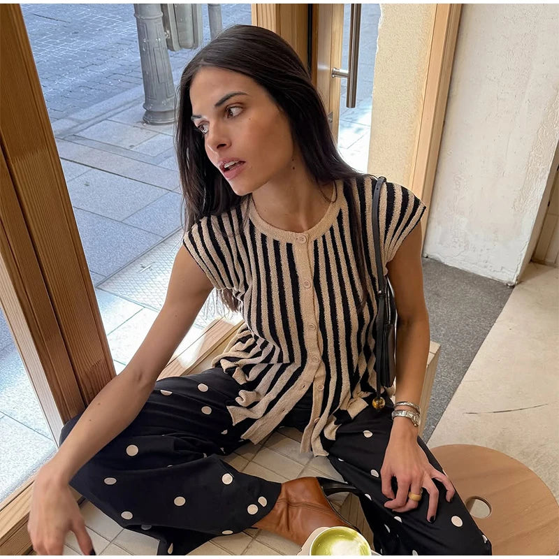 Chic Striped Knitted Button Set Women Elegant Round Neck Short Sleeved Slim Fit Two-piece Suit 2025 New Summer Holiday Outfits