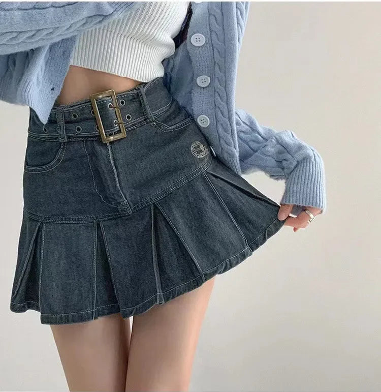 High Waist Denim Mini Skirt for Women Summer American Style Retro Pleated A- Line Short Skirt Trendy Cotton Denim Skirts