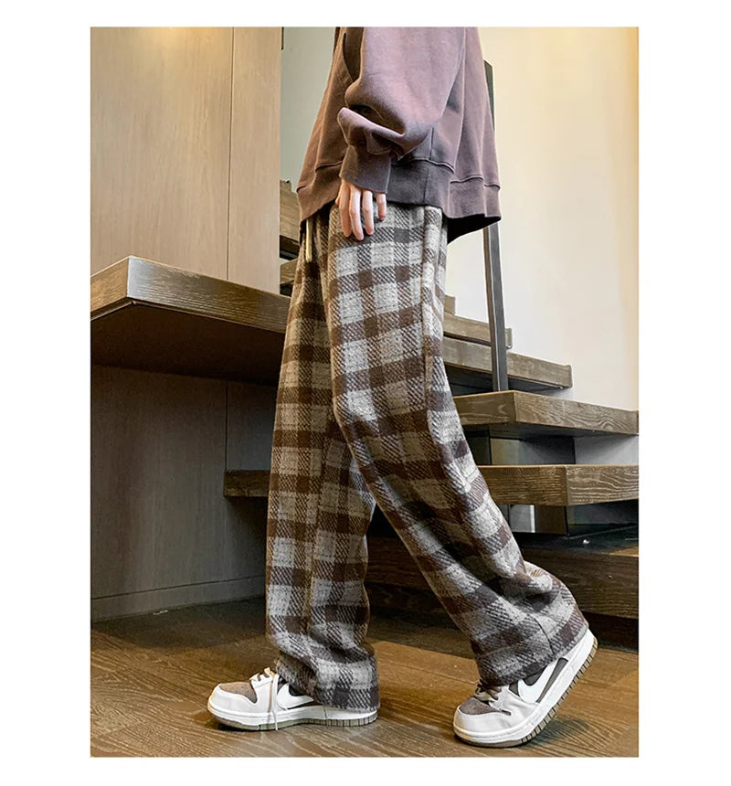 New Y2K Vintage Plaid Baggy Pants Men's High Street Woolen Straight-leg Trousers Autumn Korean Fashion Hip Hop pantalones hombre