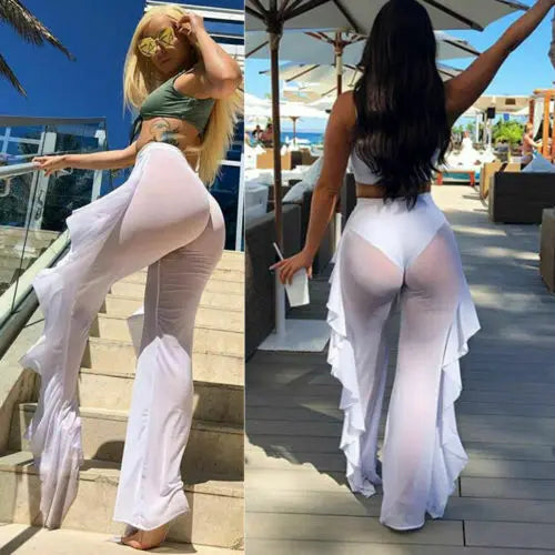 New Women Sexy Transparent Pants High Waist See Through Mesh Sheer Summer Beach Long Pants Bandage Solid Trousers 4 Colors S-XXL