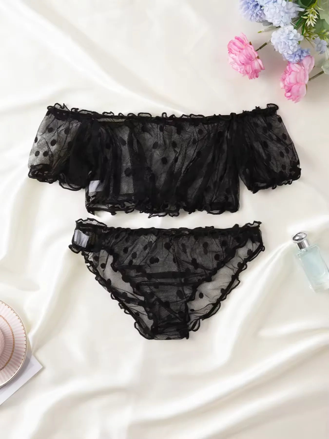 Polka Dot Pattern Semi-sheer Design Lingeries Sexys Woman Bustier Top And Panty Sets Women's Sexy Clothing Summer Outfit