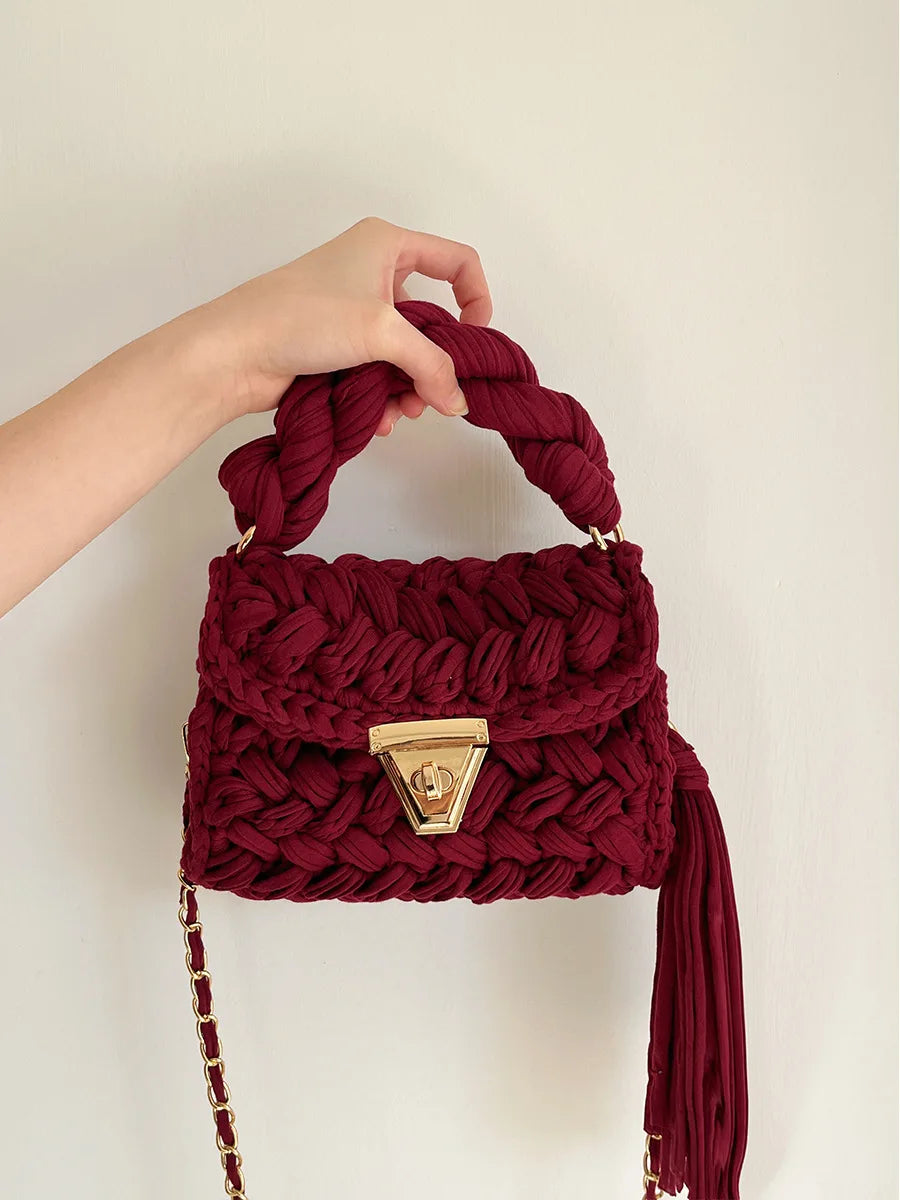 New Handmade Woven Women's Crossbody Bags Thread Hook Knitted Shoulder Bag Colorful Strip Chains Bags for Women Small Purses