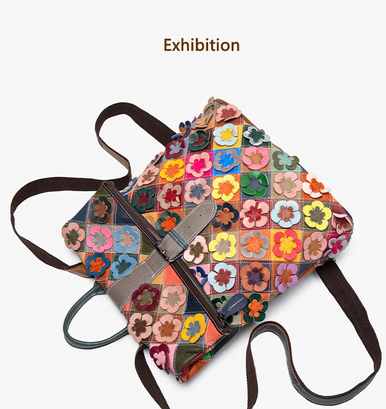 Handmade bag, three-dimensional floral romantic backpack, colorful patchwork retro backpack, luxurious travel experience