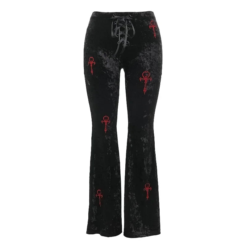 Harajuku Fashion Cross Embroidery Soft Long Pant Velvet High Waist Flare Pants Women Autumn Mall Gothic Slim Trousers