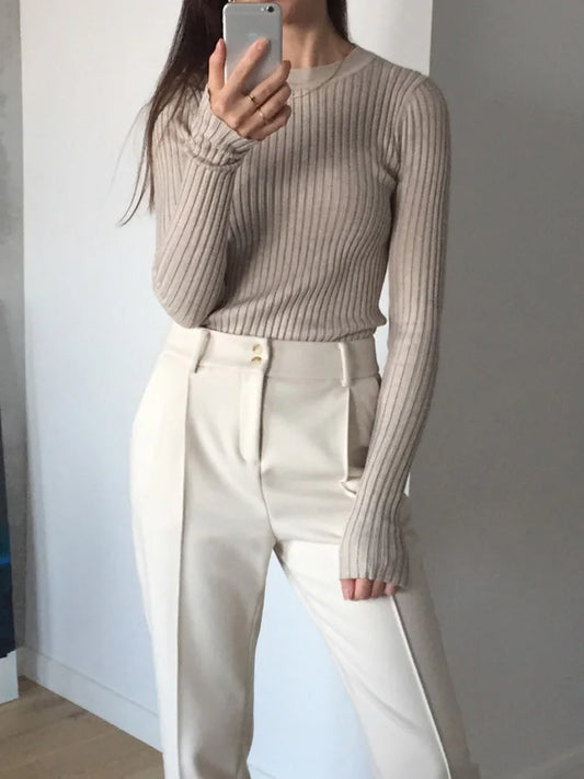 Pull basique à col rond pour femme, pull avec trou pour le pouce, pull en Y