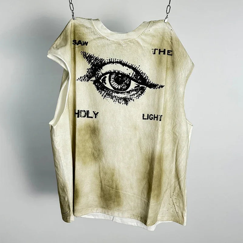 Red Skull Finger Print Damaged Hole Saint Tank Tee Men Women Streetwear Oversized Vest Vintage Washe Black Sleeveless T Shirt