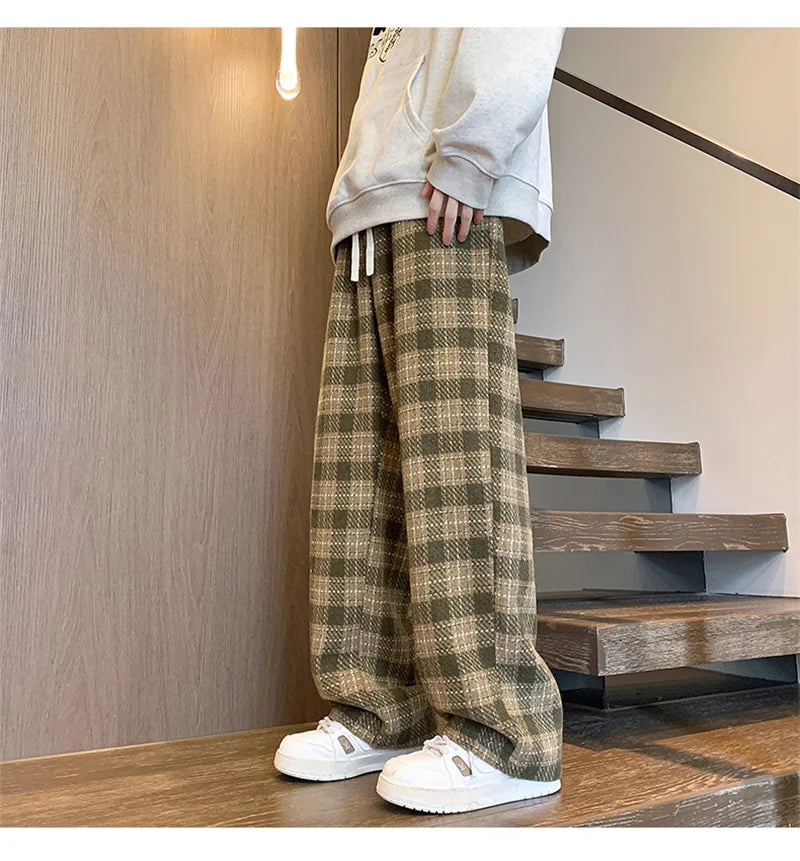 New Y2K Vintage Plaid Baggy Pants Men's High Street Woolen Straight-leg Trousers Autumn Korean Fashion Hip Hop pantalones hombre