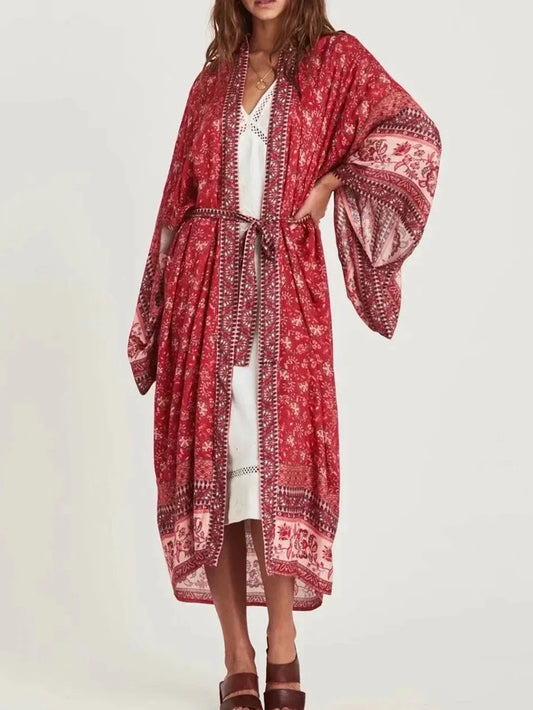 Vintage Chic femmes imprimé fleuri manches chauve-souris plage bohème Kimono Robe dames col en V été Boho Robe couvertures robes