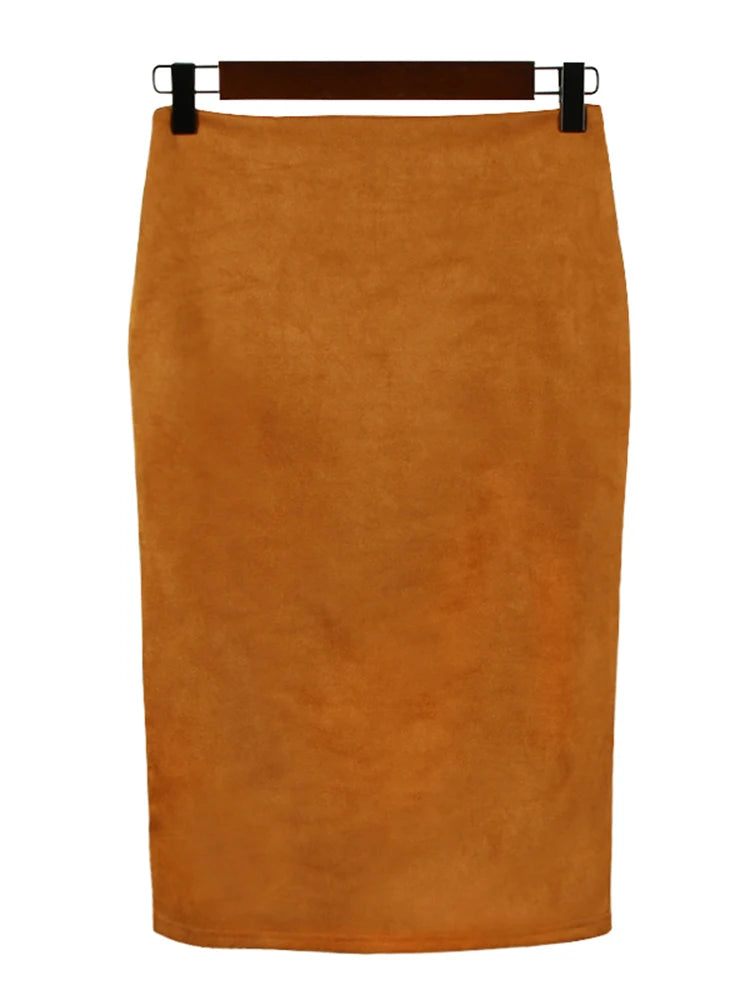 Jupe crayon mi-longue en daim multicolore pour femmes, Sexy, mode, élastique, taille haute, bureau, moulante, Saias, 2024
