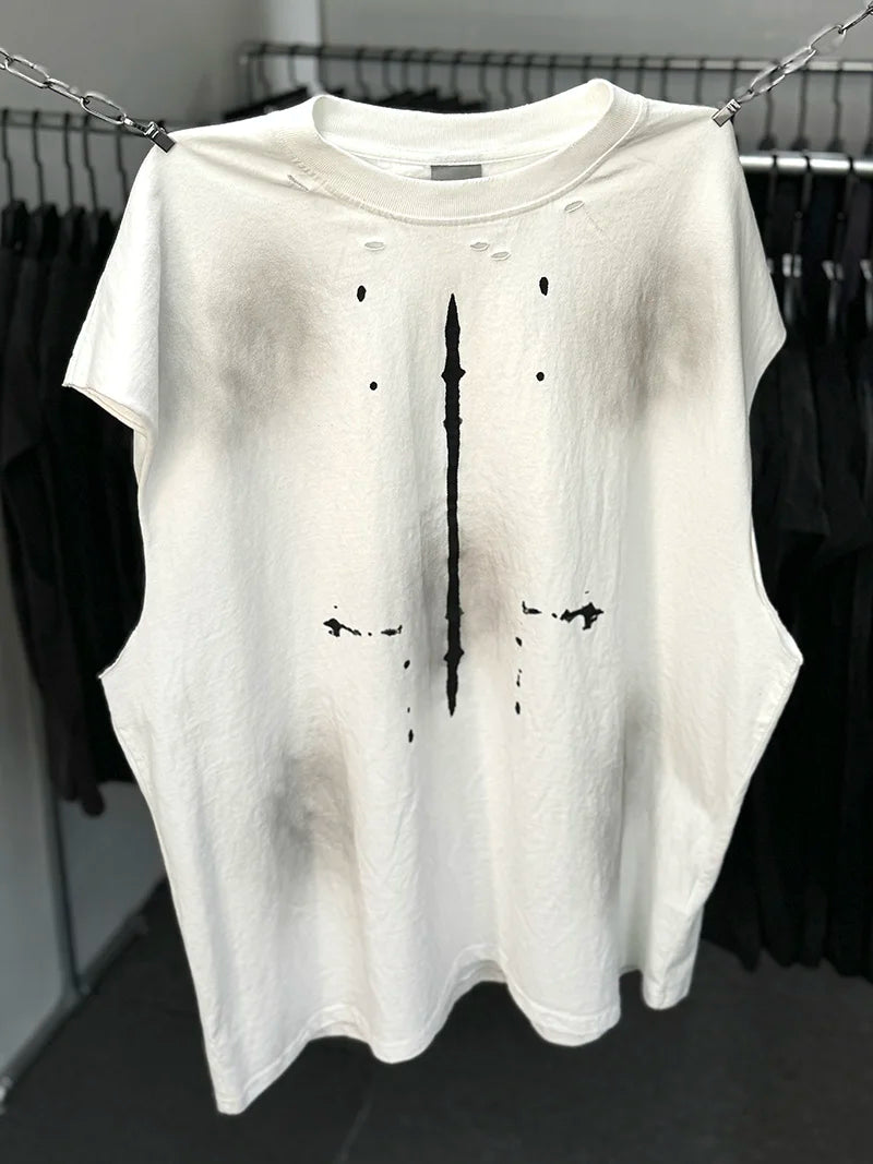 Vintage Washed Saint Sleeveless Tank T-shirts Oversize Men Woman Good Quality Black White Grey Hole Old Summer Streetwear