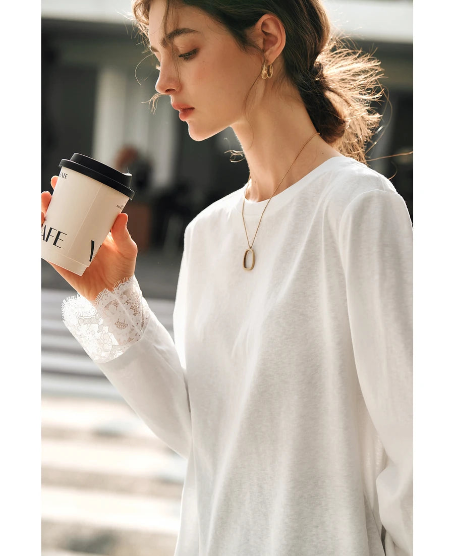 OLrain Cotton White T-shirt Women 2025 Autumn Casual Loose Tee Shirt Crewneck Lace Long Sleeve Tops Woman Clothing N57CT95669