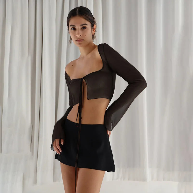 Vintage Aesthetic Crop Top Summer Women Mesh Long Sleeve T Shirt Lace Up Bandage Clothes y2k Clothes Casual Grunge Tees