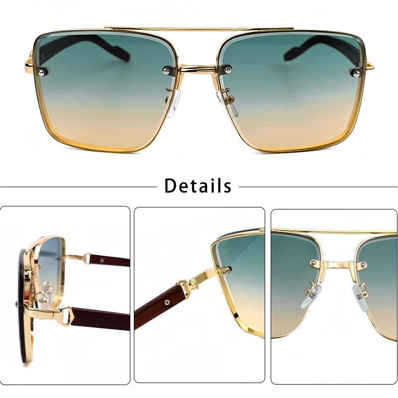 CATERSIDE Retro Wooden Temple Sunglasses Men Square Flat Top Double Bridges Sun Glasses Women Travel Fashion Eyeglass UV400