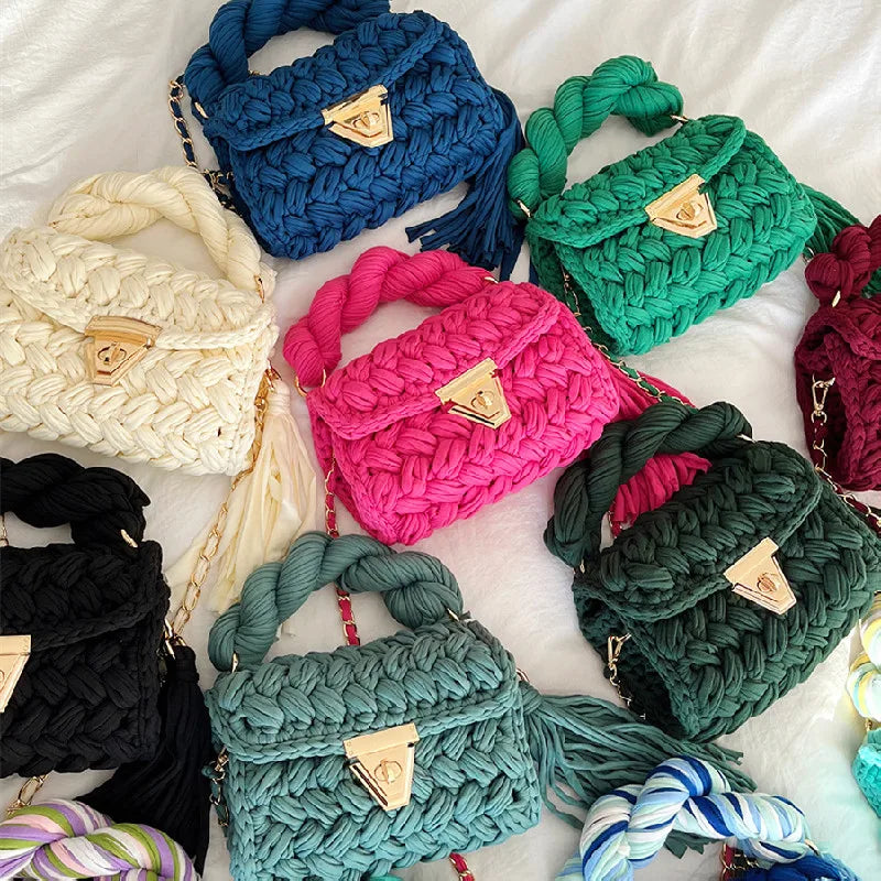 New Handmade Woven Women's Crossbody Bags Thread Hook Knitted Shoulder Bag Colorful Strip Chains Bags for Women Small Purses