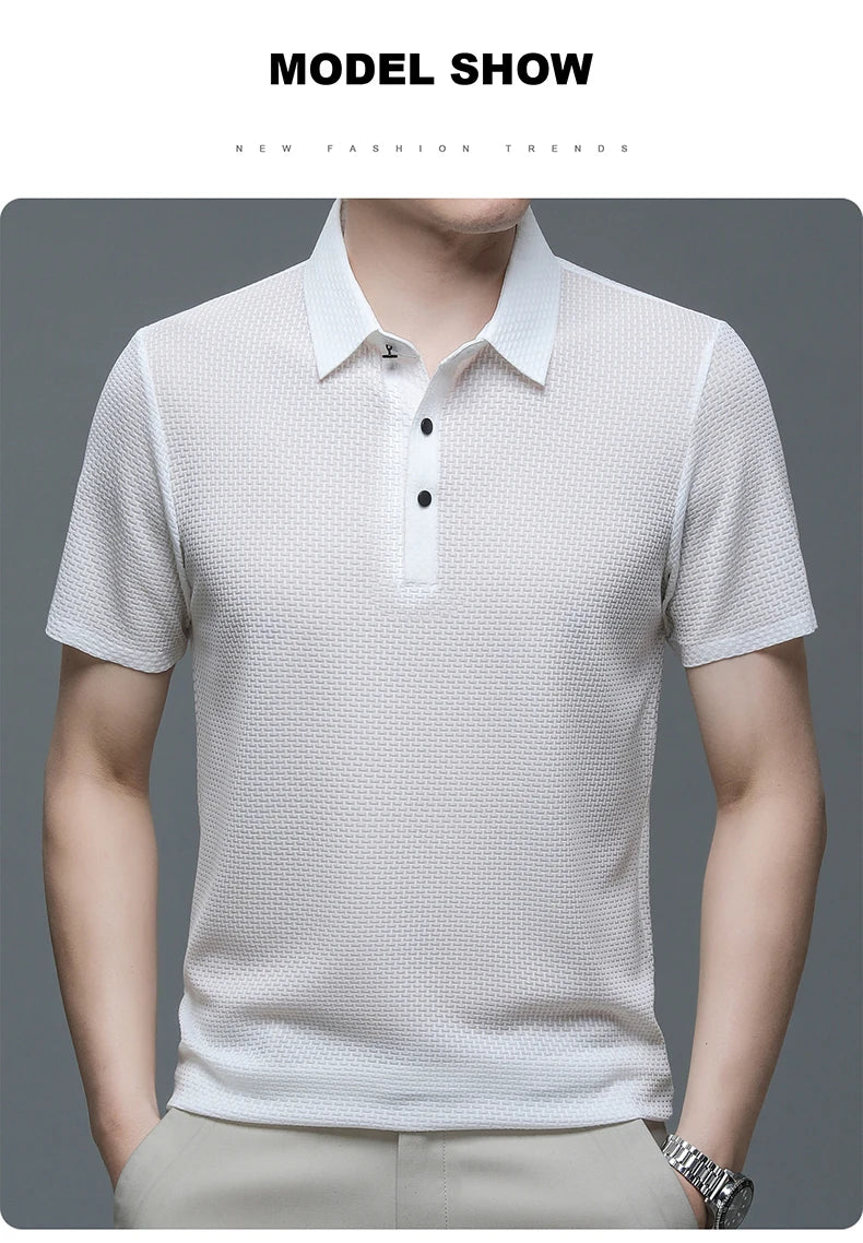 Summer New Men's Lop-up Hollow Short-sleeved Polo Shirt Ice Silk Breathable Business Fashion T-Shirt Male Brand Clothes