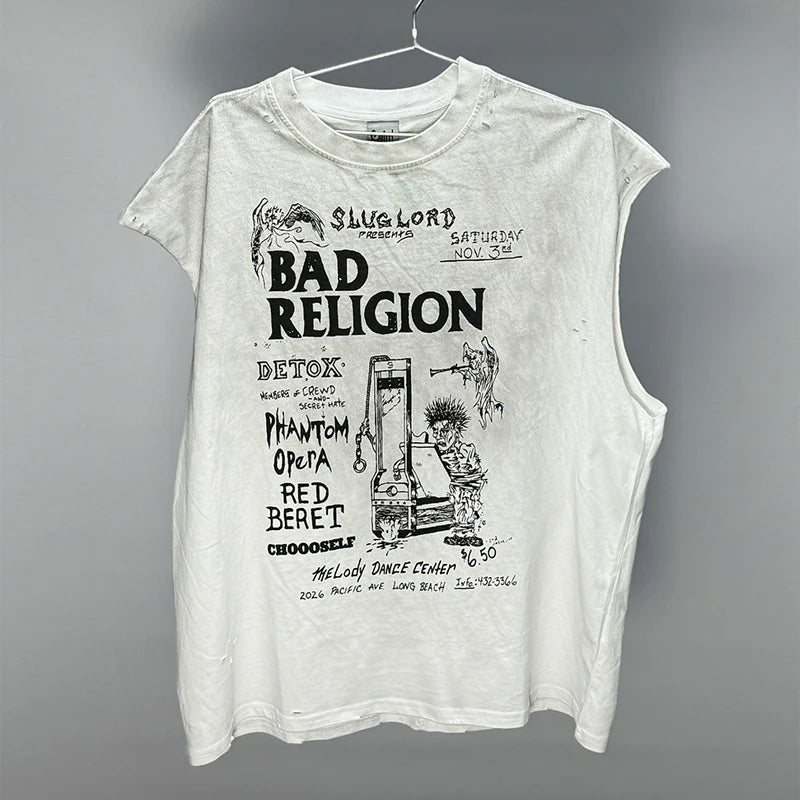 Hip Hop Vintage Washed Black Damaged Hole Tank Men Women Top Quality Cotton Oversized Saint Vest Stitching Sleeveless T Shirt