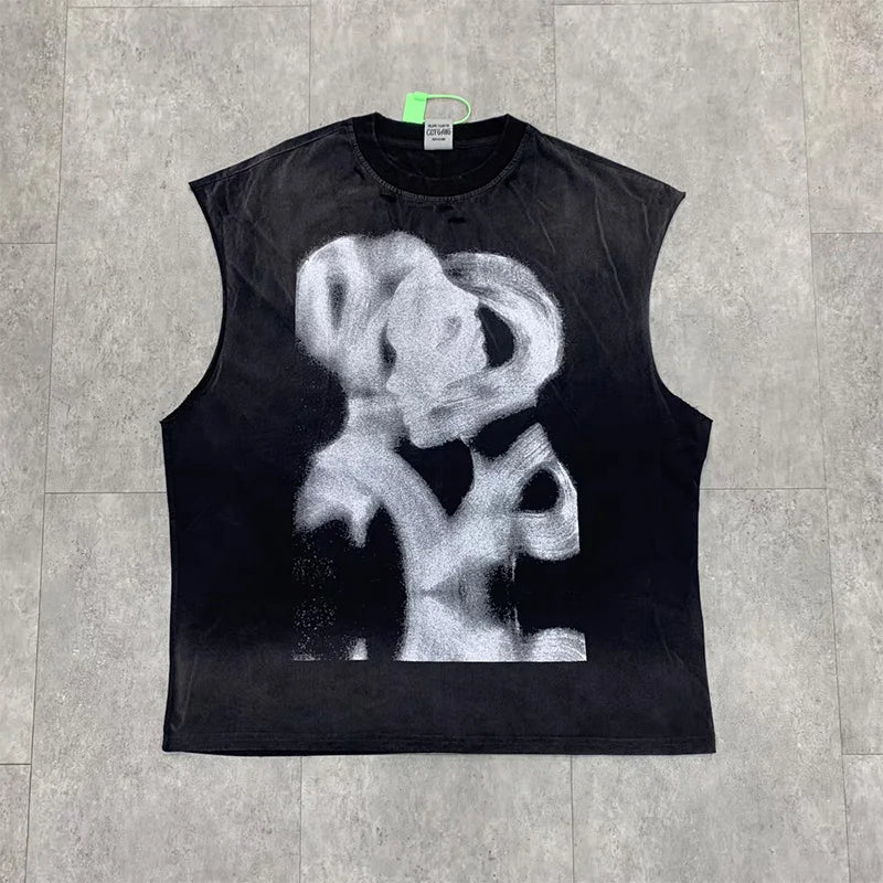 Vintage Washed Saint Sleeveless Tank T-shirts Oversize Men Woman Good Quality Black White Grey Hole Old Summer Streetwear