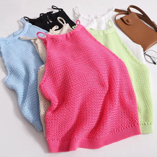 AOSSVIAO 2025 knit Tank Top Sexy Backless Bandage Skinny Crop Tops Summer Elegant Lace Up Party Streetwear Women Camis
