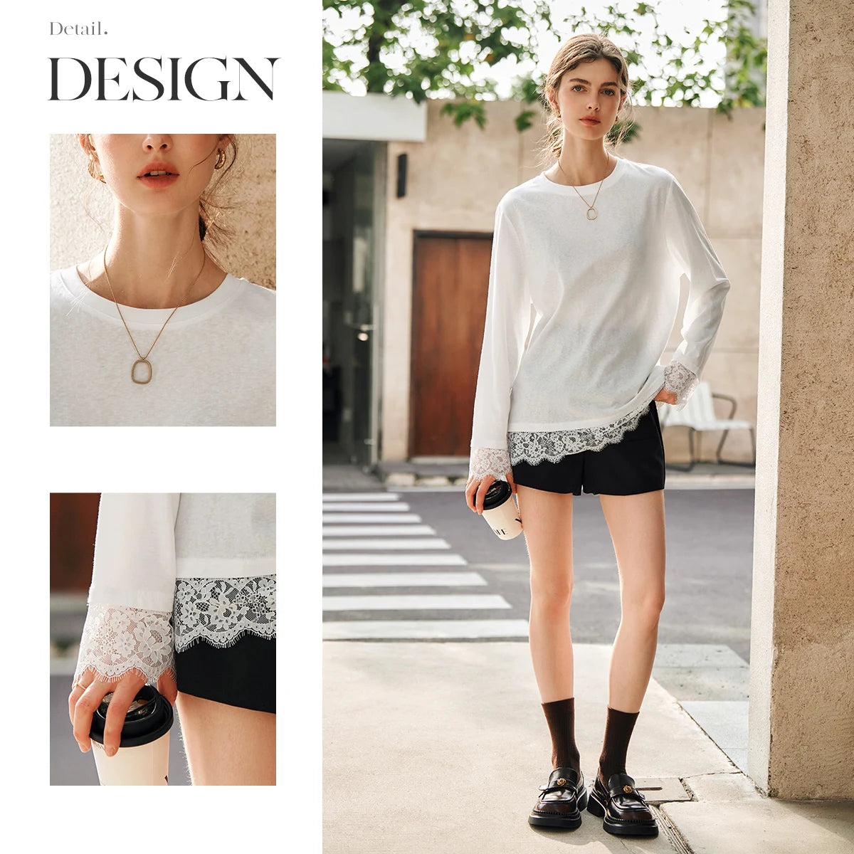 OLrain Cotton White T-shirt Women 2025 Autumn Casual Loose Tee Shirt Crewneck Lace Long Sleeve Tops Woman Clothing N57CT95669