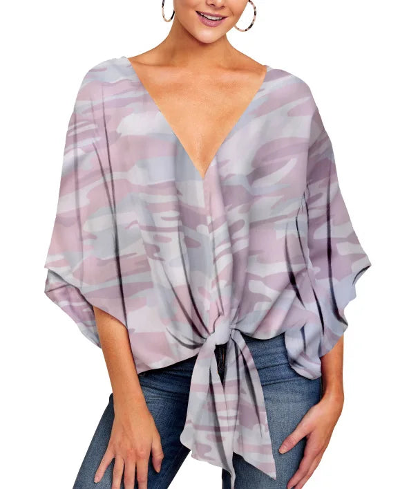 Spring Summer 2024 New Women's Shirt Sexy V-neck Short Sleeved Fashionable Printed Knot Printed  Sleeve Top
