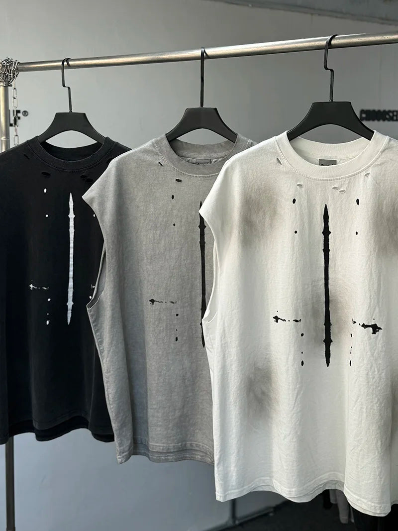 Vintage Washed Saint Sleeveless Tank T-shirts Oversize Men Woman Good Quality Black White Grey Hole Old Summer Streetwear