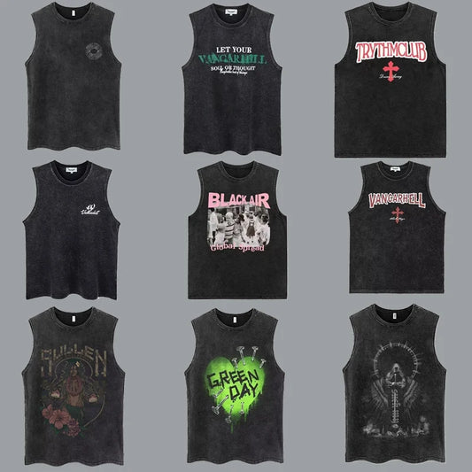 100% Cotton Hiphop Washed and Old Sleeveless T-shirt Men's Trendy Hip-hop Outer Wear Loose Sports Vest
