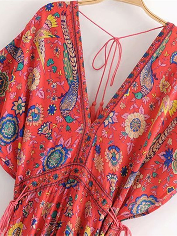 Robe Maxi Vintage Chic pour Femme, Imprimé Floral Paon, Manches Chauve-Souris, Bohème, Col en V, Pompon, Plage, Été