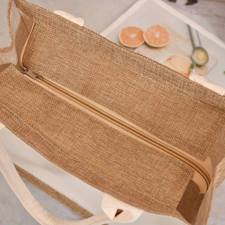 Simple solid color large capacity women's handbag reusable imitation linen zipper handbag commuting bag shopping bag