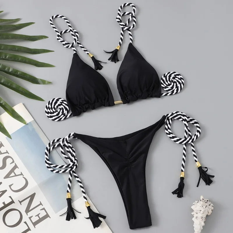 Women Bikini Rope Triangle Swimsuit Multicolor Sexy Low Waisted Bikini Set Swimsuit Swimwear Women BeachwearBrazilian biquini