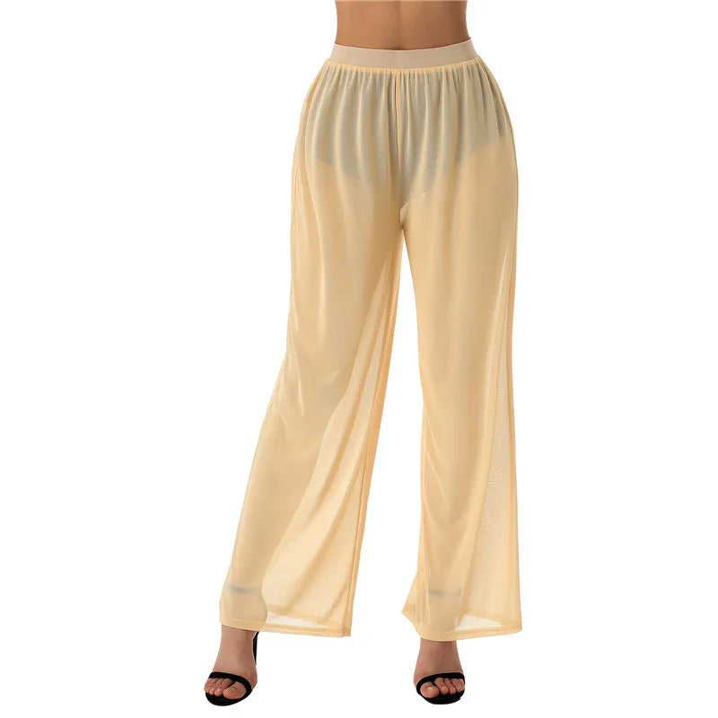 Women See Throug Mesh Cover up Pants Swimsuit Bikini Bottom Cover up Elastic Waist Loose Wide Leg Long Palazzo Pants Trousers