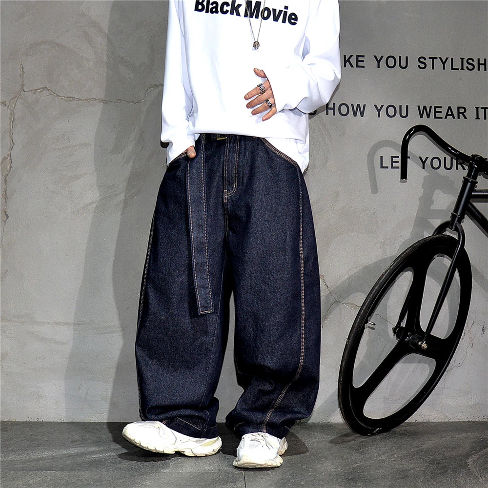 Mens American High Street Baggy Jeans Navy Blue Premium Denim Wide Leg Straight Loose Fit Korean Streetwear Trendy Pants Male