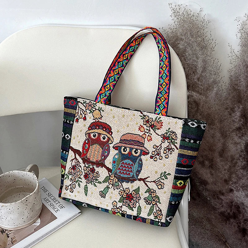 Animal Ethnic Style Handbag Trendy Elephant Embroidery Handbag Owl Canvas Women Shoulder Bags Women Tote Bag
