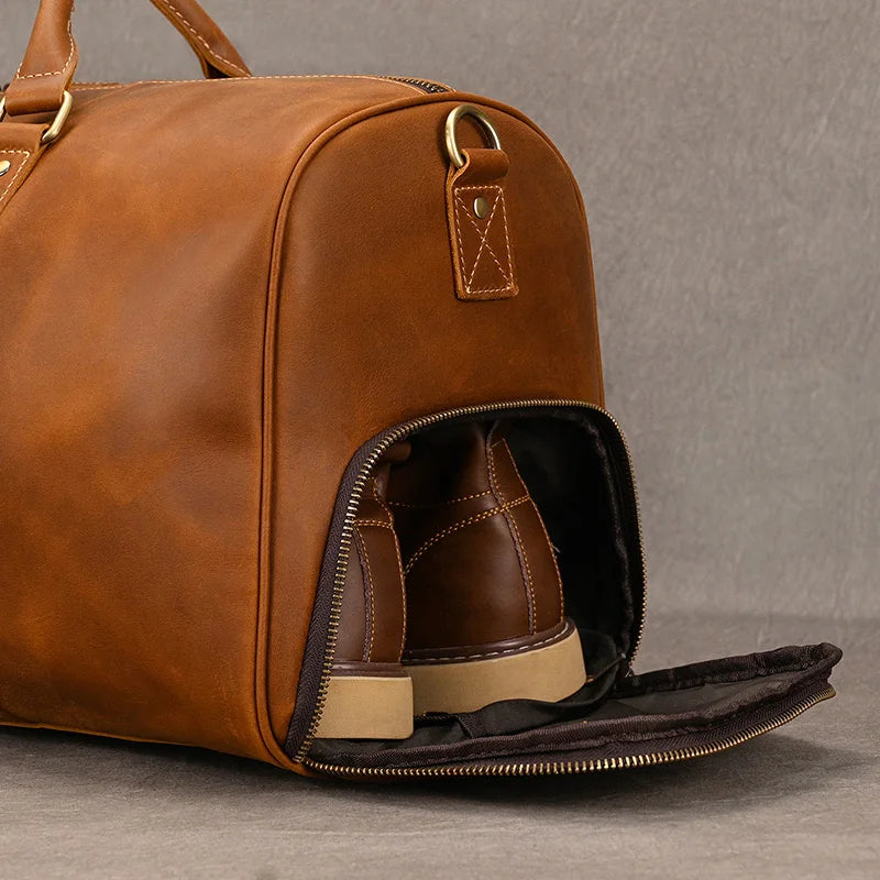 Sac de voyage en cuir véritable de grande capacité pour hommes et femmes, en cuir de vache noir souple, polochon de voyage décontracté, grand sac à bandoulière pour week-end