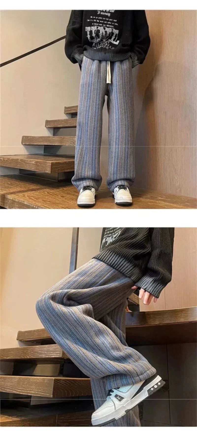 2025 New Men's Striped Woolen Straight Leg Trousers Classic Y2K Vintage Baggy Pants Casual High Street Fashion Gym Sweatpants