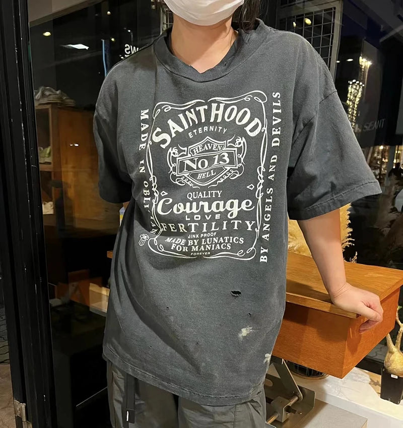 Vintage Series Saint Round Neck Sexy Robot Printed Casual High Quality Oversized T Shirt Harajuku Streetwear Men