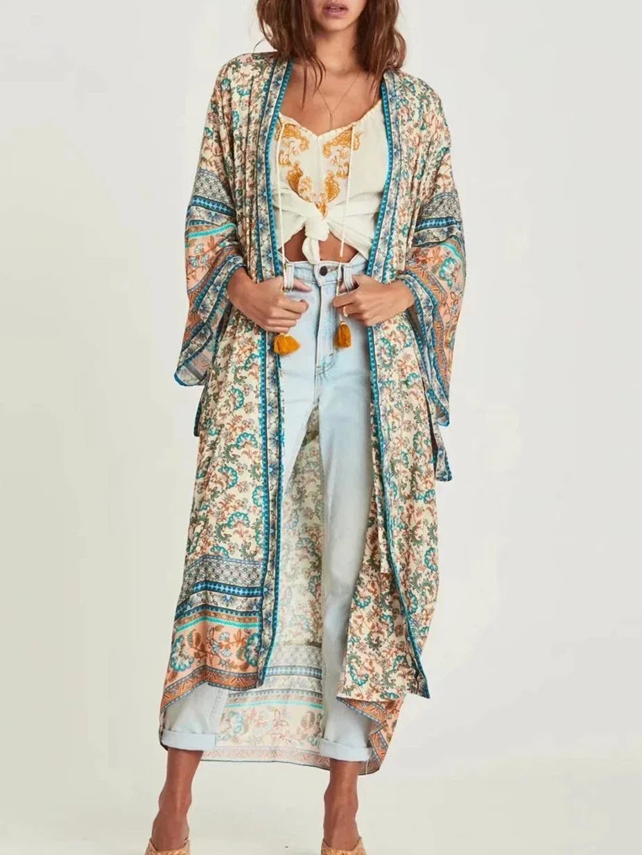 Vintage Chic femmes imprimé fleuri manches chauve-souris plage bohème Kimono Robe dames col en V été Boho Robe couvertures robes