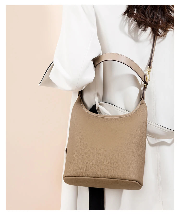Luxury Soft Genuine Leather Women's Shoulder Crossbody Bags Designer Ladies Bucket Handbag Cow Leather Female Messenger Tote Sac