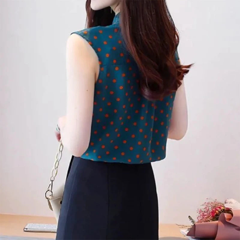 New Summer Office Lady Elegant Fashion Polka Dot Print Bow Lace Up Loose Chiffon Tank Top Shirt Sleeveless Casual Blouses