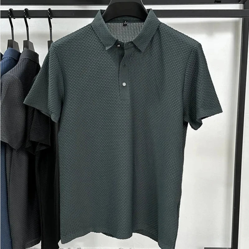 Summer New Men's Lop-up Hollow Short-sleeved Polo Shirt Ice Silk Breathable Business Fashion T-Shirt Male Brand Clothes