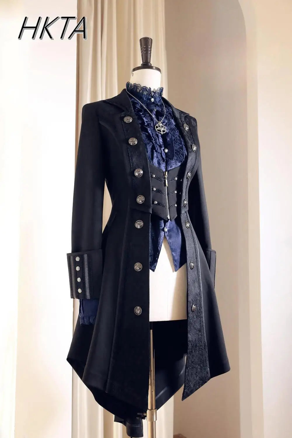 British Style Retro Dark Goth Handsome Black Trench Coat Women Girls Lolita Fake Two Vest White Coats Jacket Y2k Cosplay Clothes