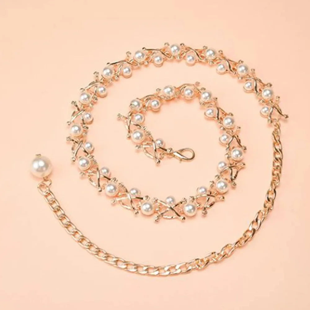 Women Metal Chain Dress Belt Bead Pendant Sweater Belt Decorated Waist Belt