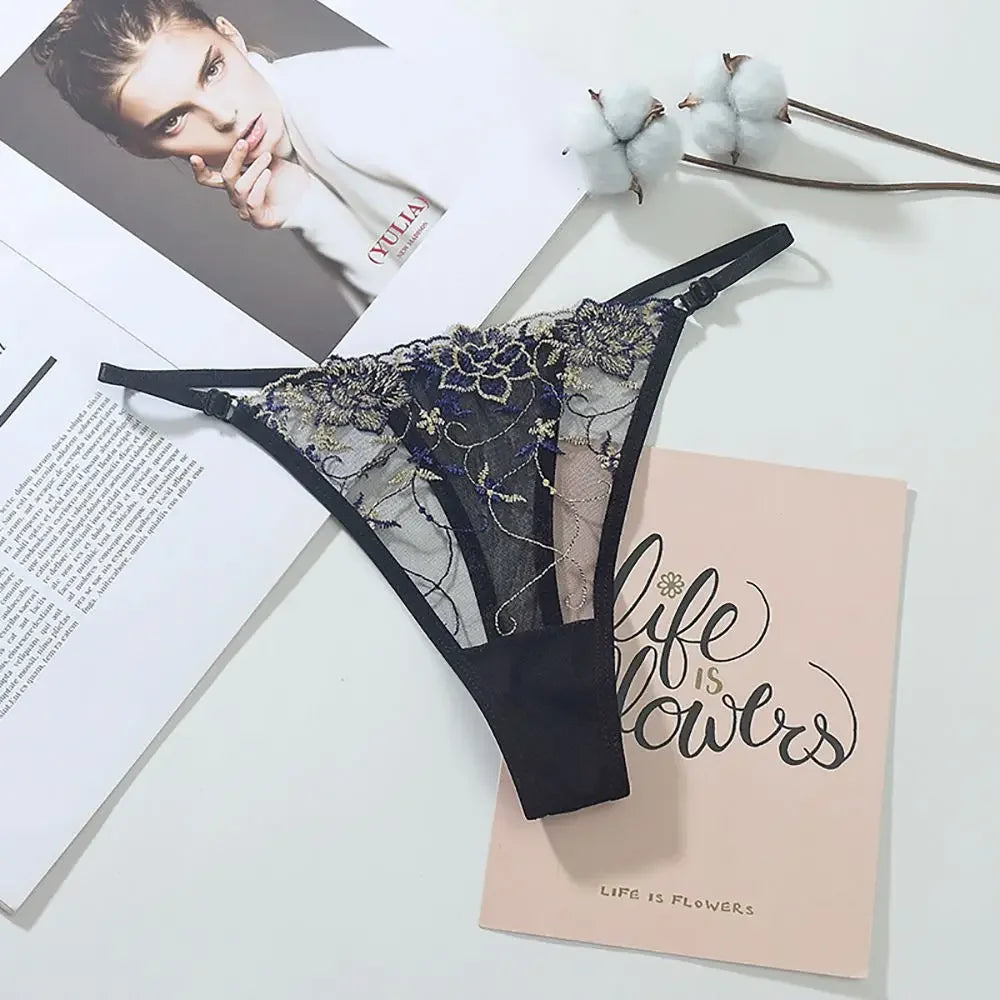 New Underwear Women Embroidery Flower Hollow Mesh Panties Soft Thin G-String Solid Thongs Sexy Female Underpants Lingerie